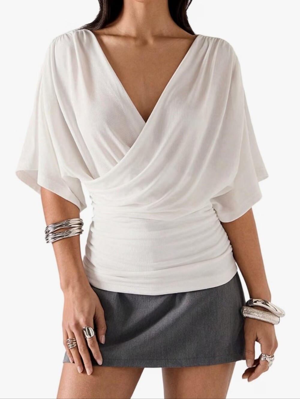 Women's Draped Surplice V-Neck Top in White
